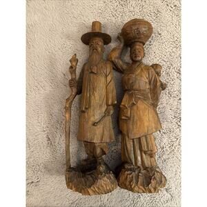 Vintage Carved Wooden Korean Man Woman 13" Inch Figurine Asian Folk Art Statues